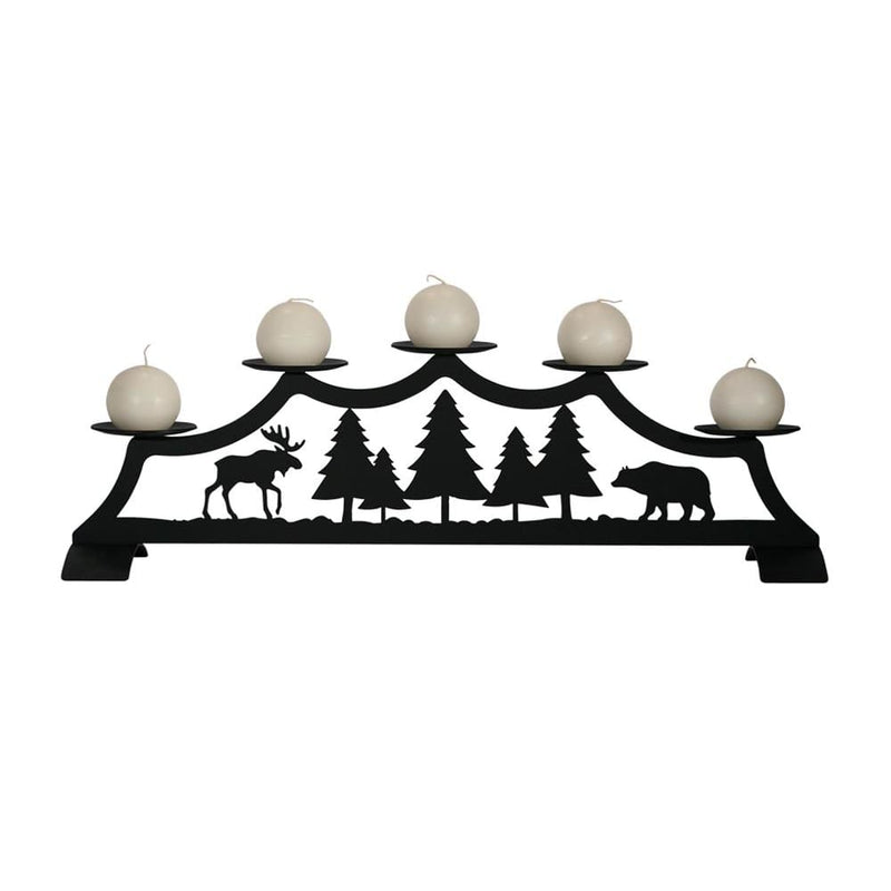 Moose Fireplace Pillar Candle Holder with forest and wildlife silhouette design, holds five pillar candles, ideal for rustic home decor.