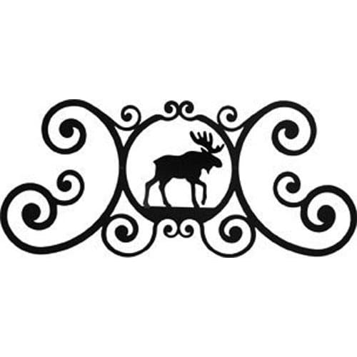 Decorative Moose Door Plaque in black with elegant scroll design, 24x11x3/64 inches, perfect for rustic home and garden entryways.