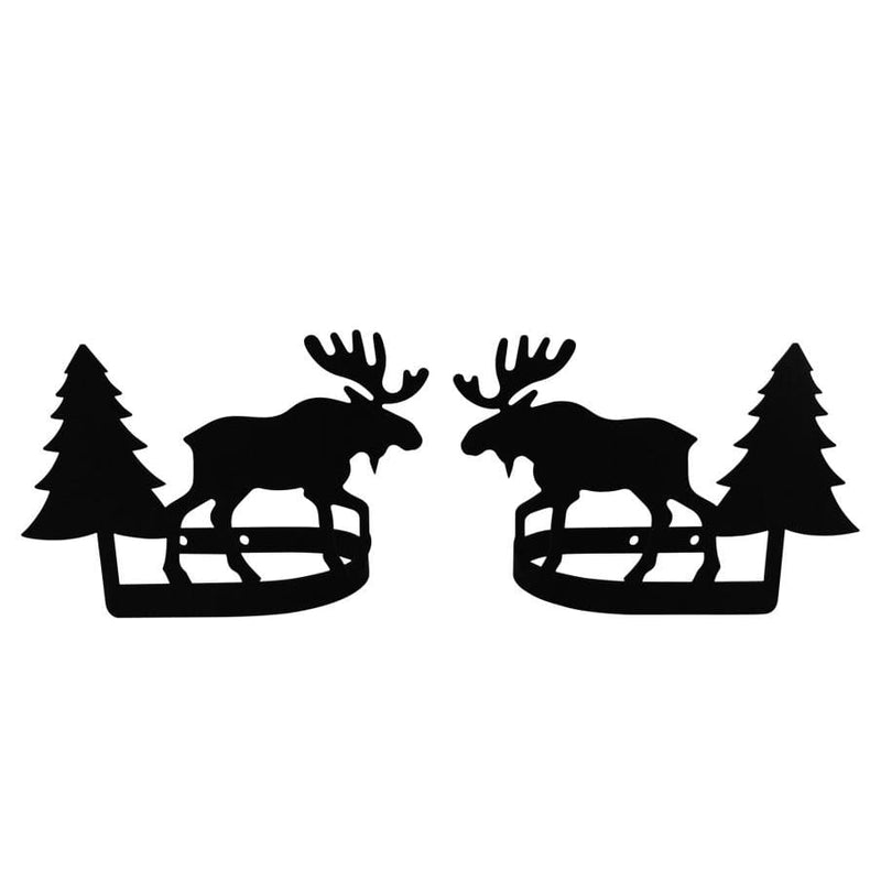Rustic Curtain Tie Backs - Moose Pine Pair featuring silhouette of moose and pine trees, ideal for cabin-style home decor.