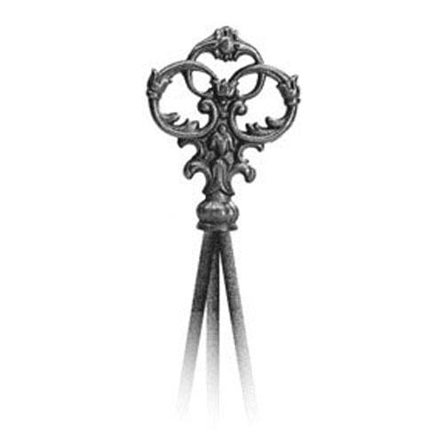 Close-up of Victorian Finial Natural Tripod Trellis top, showcasing intricate wrought iron detailing for elegant garden decor and plant support.