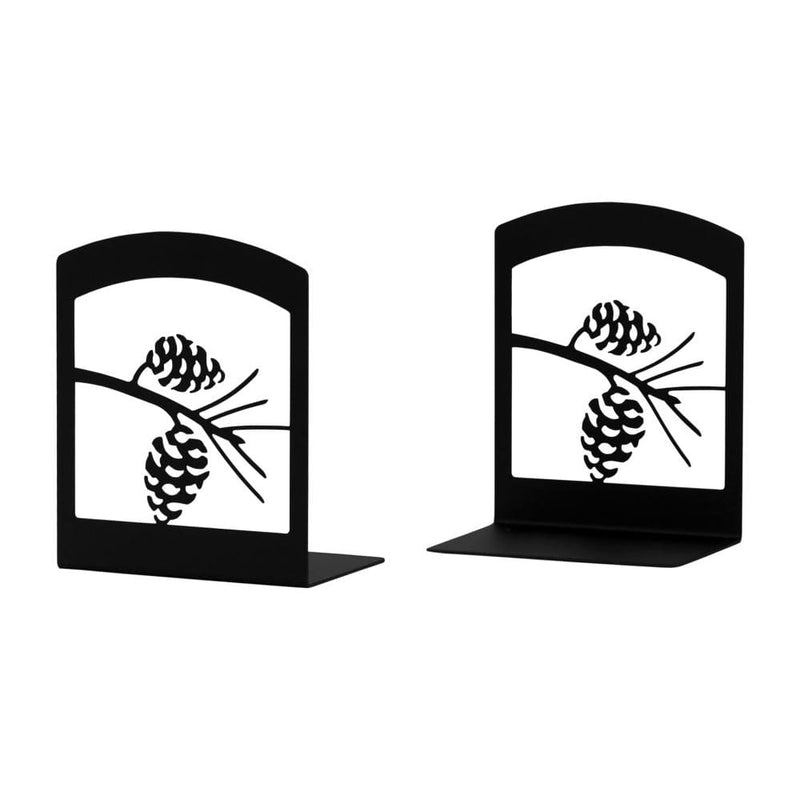 Pair of black metal Pinecone Book Ends with cutout pinecone branch design, ideal for rustic home or office decor.