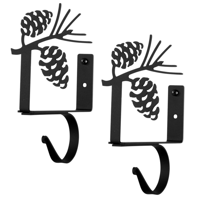 Pair of black Pinecone Curtain Shelf Brackets with pinecone and branch design, ideal for rustic window treatments in home and garden decor.