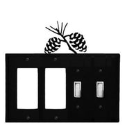 Quad Pinecone switch cover in black metal featuring two GFI and two toggle switch slots, accented with decorative pinecone silhouette.
