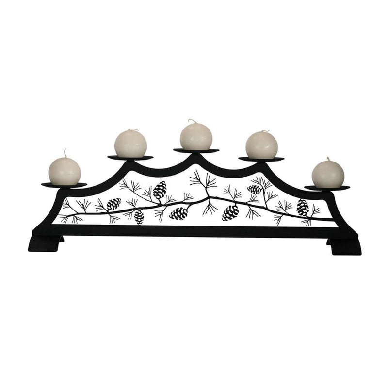 Pinecone Fireplace Pillar Candle Holder with five round candle platforms and black metal pinecone branch design, ideal for hearth decor.