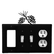 Rustic-style custom pinecone outlet cover with double switch and single outlet configuration, adorned with pinecone metal art above plate.