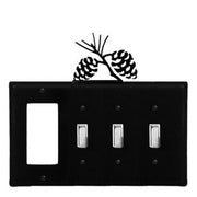 Decorative Custom Pinecone switch cover in black with GFI and triple switch configuration, featuring pinecone accent. Fits standard 8x6 inch wall plates.