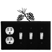Installed quad pinecone outlet switch cover with decorative pinecone accent, featuring one duplex outlet and three toggle switches in black finish.
