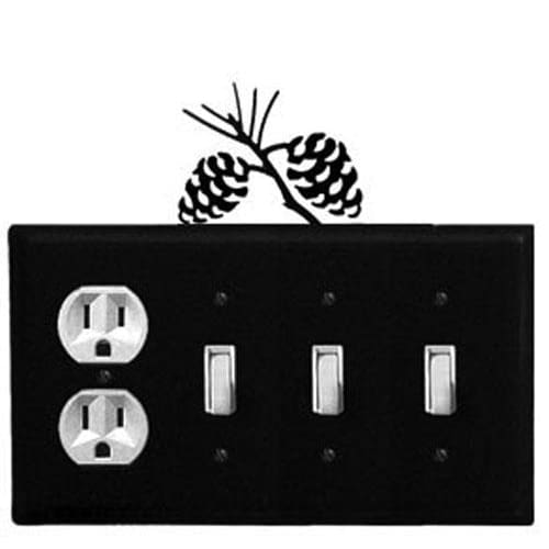 Installed quad pinecone outlet switch cover with decorative pinecone accent, featuring one duplex outlet and three toggle switches in black finish.