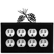 Installed Quad Outlet Cover featuring decorative pinecone design, shown with eight electrical outlets. Perfect for custom cabin-style interiors.