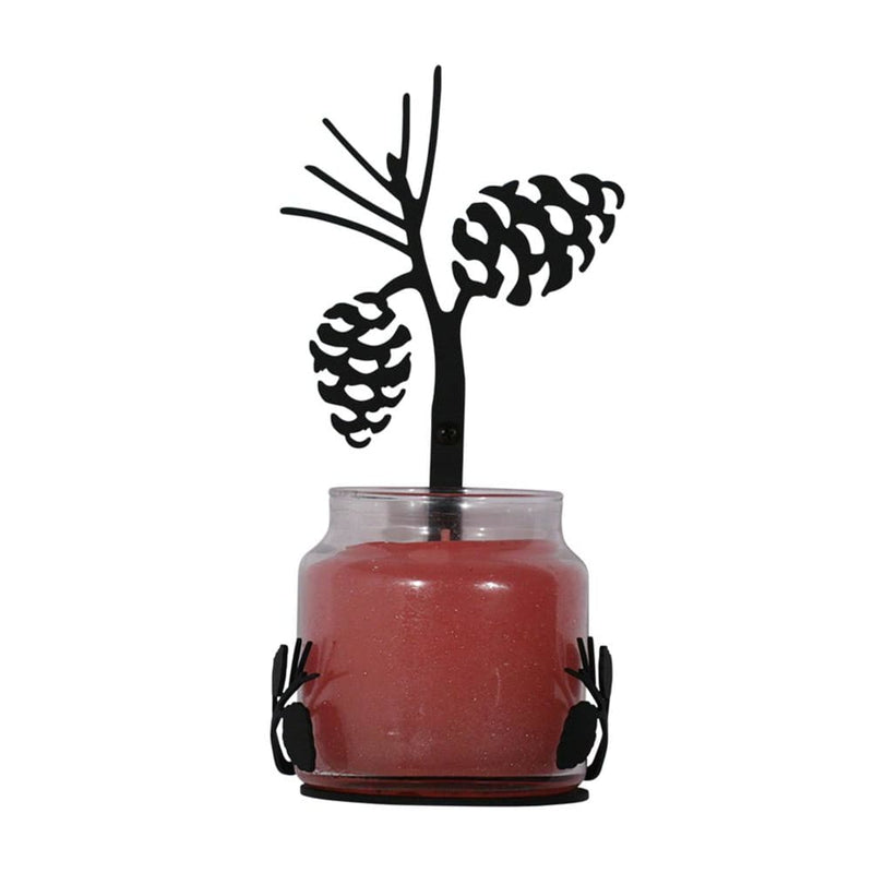 Pinecone Large Jar Sconce candle holder with black metal pinecone design and red candle jar, ideal for rustic home decor.