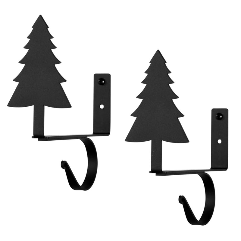 Pine Tree Curtain Shelf Brackets (pair) in black metal with Christmas tree design, ideal for festive window decor or rustic home accents.