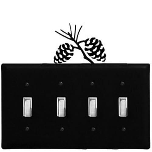 Installed Quad Pinecone Switch Cover featuring black metal finish and pinecone accent, enhances home interiors with nature-inspired style.