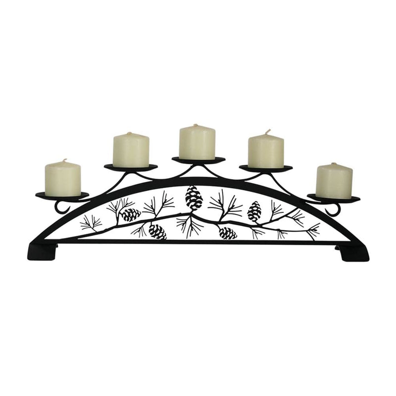 Pinecone Table Top Pillar Candle Holder with five candle plates and decorative pinecone and branch design in black metal. Ideal for rustic home decor.