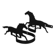 Horse curtain tie backs set in black metal with galloping horse design, perfect for elegant home window decor, size 5x3.5x3.25 inches.