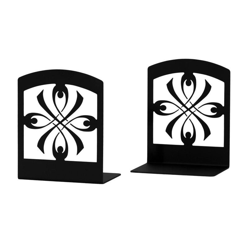 Ribbon Book Ends (pair) featuring black metal construction with symmetrical cutout ribbon design, ideal for home or office decor.