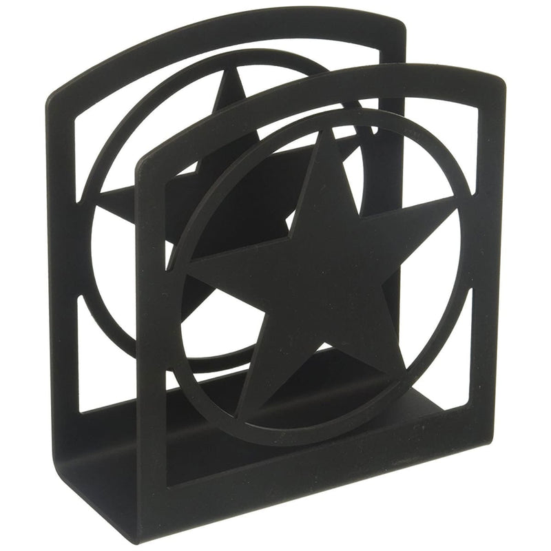 Western Star Napkin Holder in black metal with cutout star design, measuring 5 3/4 in. W x 6 in. H, ideal for rustic home decor.