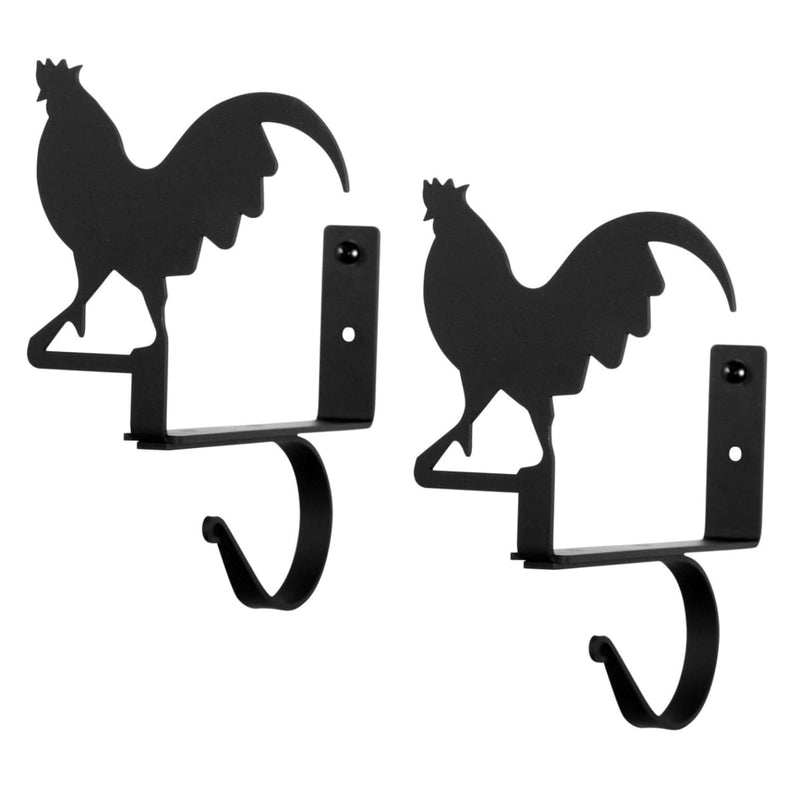 Pair of black metal Rooster Curtain Shelf Brackets with silhouette rooster design for rustic window decor. Ideal for farmhouse-style curtain rod support.