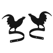 Rooster Curtain Tie Backs (pair) in matte black finish, featuring curved arms and rooster cutouts for stylish curtain holdback functionality.