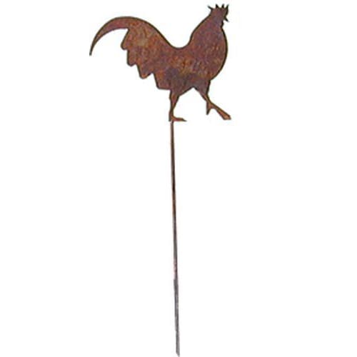 Decorative Rusted Rooster Garden Stake measuring 9 3/4 In. W, perfect for enhancing garden décor with vintage farmhouse charm.