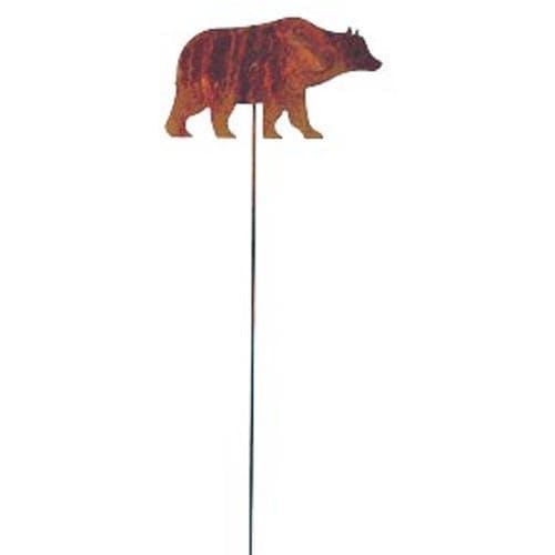 Rusted metal Bear Garden Stake for outdoor use, ideal for garden decoration with a weathered finish and sturdy vertical rod support.