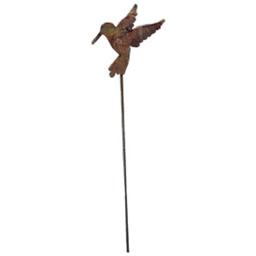 Durable hummingbird garden stake sculpture with rustic look, perfect for enhancing garden aesthetics and flower beds.