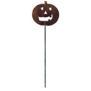 Durable Pumpkin Garden Stake for outdoor use, featuring a rusted metal jack-o'-lantern design perfect for fall-themed garden decor.