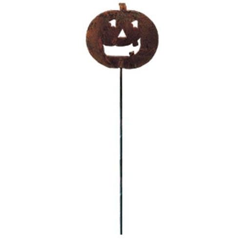 Durable Pumpkin Garden Stake for outdoor use, featuring a rusted metal jack-o'-lantern design perfect for fall-themed garden decor.