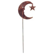 Rust-finished Moon Star Stake for garden decoration, featuring crescent moon and star silhouette, ideal for autumn lawn ornaments.