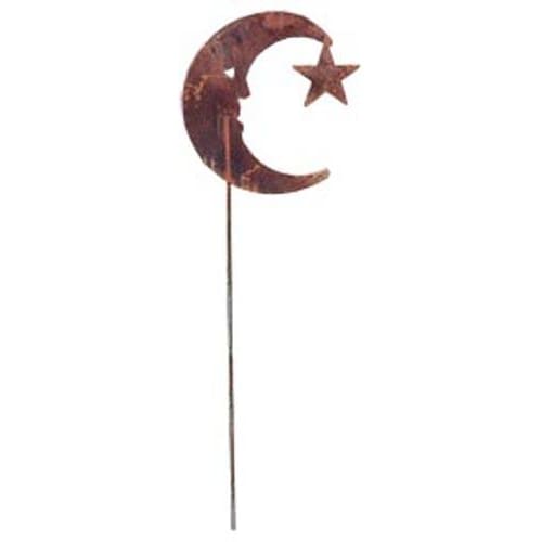 Rust-finished Moon Star Stake for garden decoration, featuring crescent moon and star silhouette, ideal for autumn lawn ornaments.