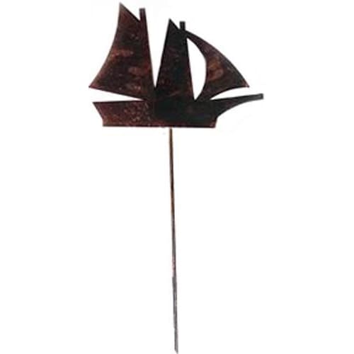 Outdoor Sail Boat Rusted Garden Stake measuring 12x30-35x3/16 inches, perfect for lawn ornaments and nautical garden sculpture accents.