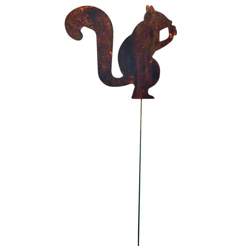 Silhouette-style Decorative Squirrel Garden Stake with curled tail, 9 3/4 in. wide, perfect for whimsical lawn ornament displays.
