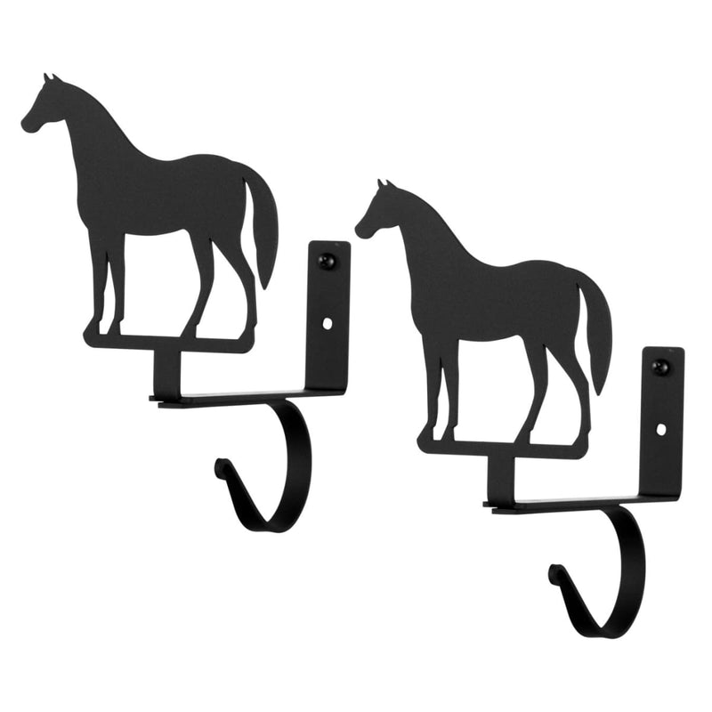 Pair of Horse Curtain Shelf Brackets in black metal with horse silhouette design, ideal for rustic or equestrian-themed window decor.