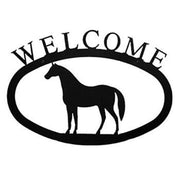 Large Horse Welcome Sign for entryways in black metal with a horse cutout and bold 'Welcome' lettering, perfect for home or garden décor.