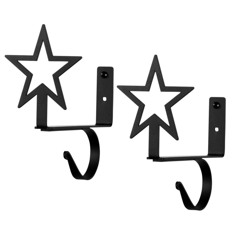 Star Curtain Shelf Brackets (pair) in black metal with decorative star design, ideal for Christmas-themed curtain rod support in home decor.
