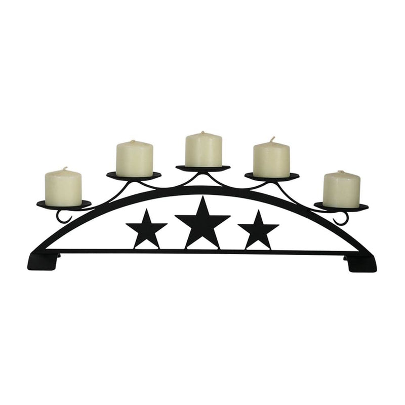 Star Table Top Pillar Candle Holder with five round platforms and black metal star design, ideal for Christmas decorations or rustic home decor.