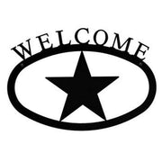 Large black metal welcome sign featuring a central star and curved text, perfect wall décor for front door charm and outdoor entryway appeal.