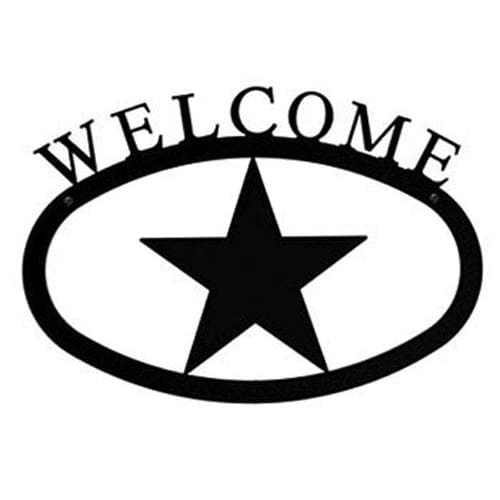 Large black metal welcome sign featuring a central star and curved text, perfect wall décor for front door charm and outdoor entryway appeal.