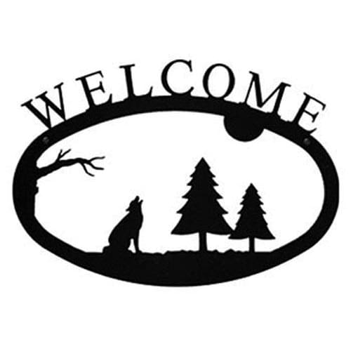 Large Timber Wolf Welcome Sign in black metal with forest scene cutout. Perfect wall décor for cabins, porches, or outdoor garden spaces.