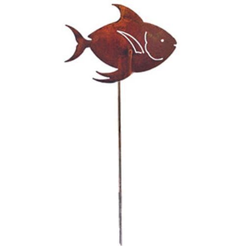 Rust-finished Tropical Fish Garden Stake for yard decor, showcasing a detailed fish cutout on a sturdy vertical stake for outdoor charm.
