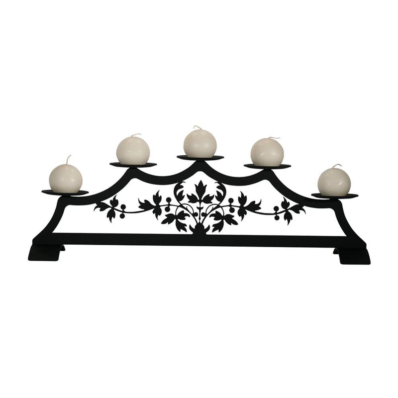 Victorian Fireplace Pillar Candle Holder with ornate black metal floral design, holds five round white candles for elegant hearth decor.