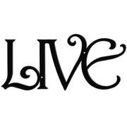 Vibrant Modern Wall Art LIVE plaque in black, featuring ornate typography. Ideal for stylish wall décor in home and garden spaces.
